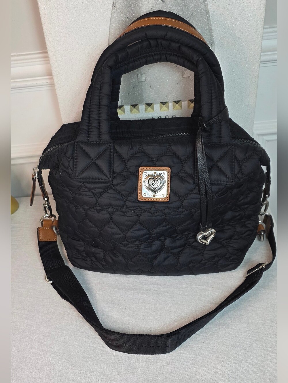 Brighton Black Quilted Shoulder Bag with Tan Trim